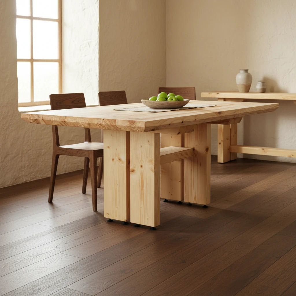 Massivholztisch "Schwarzwaldkraft" – Schweizer Kante, Holzgestell "H", in verschiedenen Größen